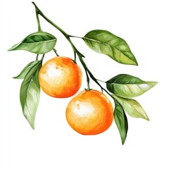 Watercolor illustration of oranges on branches isolated on white background for natural design and decoration