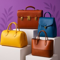 A vibrant fashion display showcasing a variety of stylish handbags arranged on white podiums against a purple background.
