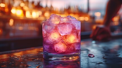Refreshing pink cocktail filled with ice cubes sits on the wet counter in a nightclub during happy hour.