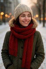 A young woman standing on a snowy street, bundled up in a cozy coat with a fur-lined hood, wearing a warm knitted hat and a thick red scarf.