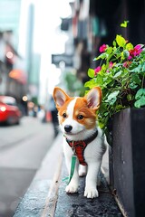 Cute puppy on city street