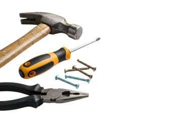 Tools Image: Hammer, Screwdriver, Pliers, Nails, Screws on Transparent  background