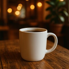 Obraz premium A warm, inviting close-up shot of a coffee mug resting on a rustic wooden table.