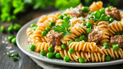 Delicious Spiral Pasta with Green Peas, Meat, and Fresh Parsley Garnish on White Plate
