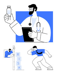 Doctor holding tablet and vial, professional measuring with labeled blocks, individual rushing forward. Ideal for health, medicine, safety, risk management, challenge, determination simple landing
