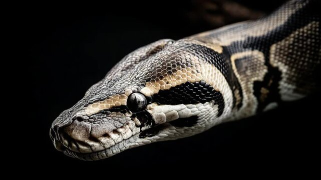 Close-up of a ball python showcasing its striking pattern and texture in a dark setting with soft lighting