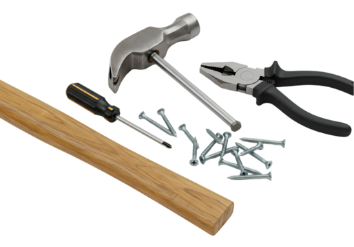 Essential DIY Tools: Hammer, Pliers, Screwdriver, and Nails on Transparent  background