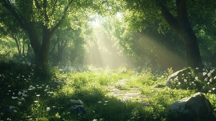 Fototapeta premium Serene sunlight illuminates lush green forest path with white flowers calm view trees woods rocks