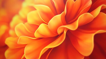 Close up view of an orange flower with soft, glowing light. The petals are intricately detailed, showing a gradient of orange and yellow hues. The image is sharply focused on the flower's center