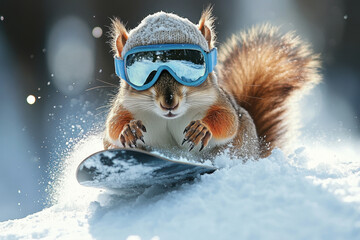 Squirrel snowboarding with goggles.