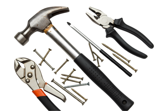 Essential Hand Tools: Hammer, Pliers, Nails & More on Transparent  background