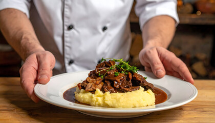 Chef Presenting Braised Meat Dish on Polenta