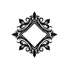 Elegant Black & White Diamond Frame with Flourishes, Vector Illustration