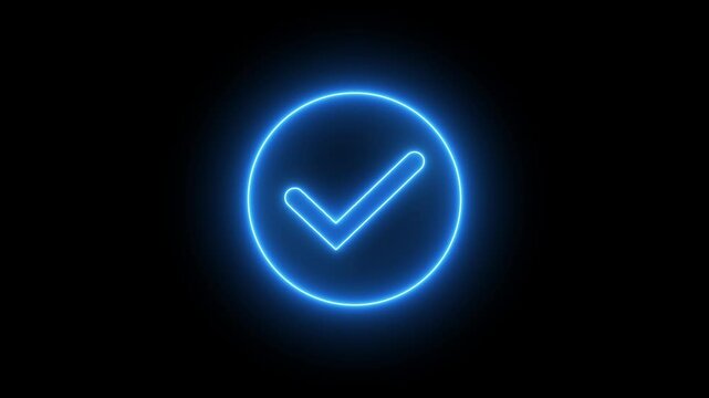 Glowing neon light Check mark icon and tick mark icon.4k video animation and black background.