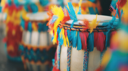 Close-up of vibrant handmade drums adorned with multicolored feathers, suggesting cultural celebration or traditional festival.