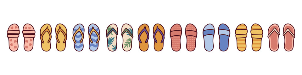 Horizontal set of colorful flip flops in various styles and patterns, hand-drawn beach footwear for summer and vacation themes
