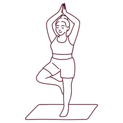 Black and white outline of curvy woman in yoga tree pose standing on mat. Body positive representation in balance exercise