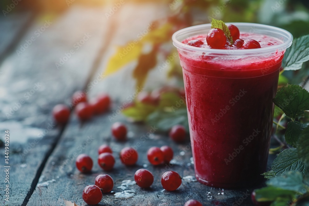Poster Refreshing red currant smoothie in a plastic cup on rustic wooden table with scattered berries and green leaves.