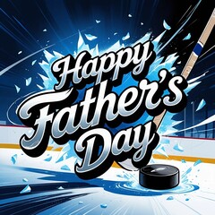 Happy Father's Day message with shattered ice hockey theme on rink background. 