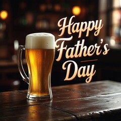 Happy Father's Day with beer mug on rustic bar table in cozy pub setting. 