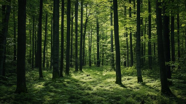 Fototapeta Serene green forest sunlight through trees nature woods path calm dark lush moss view image photo