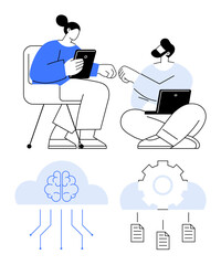 Two colleagues collaborating on tablets and laptops. Below, digital brain, cloud computing links, gear, and document icons symbolize AI, automation, data sharing. Ideal for technology teamwork