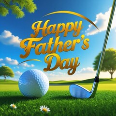 Happy Father’s Day golf scene with club and ball on sunny grassy field background. 