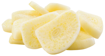 Garlic clove slice png. Peeled chopped garlic cloves on transparent background. Perfect retouched garlic clove slices heap no background. Transparent png. Full depth of field.