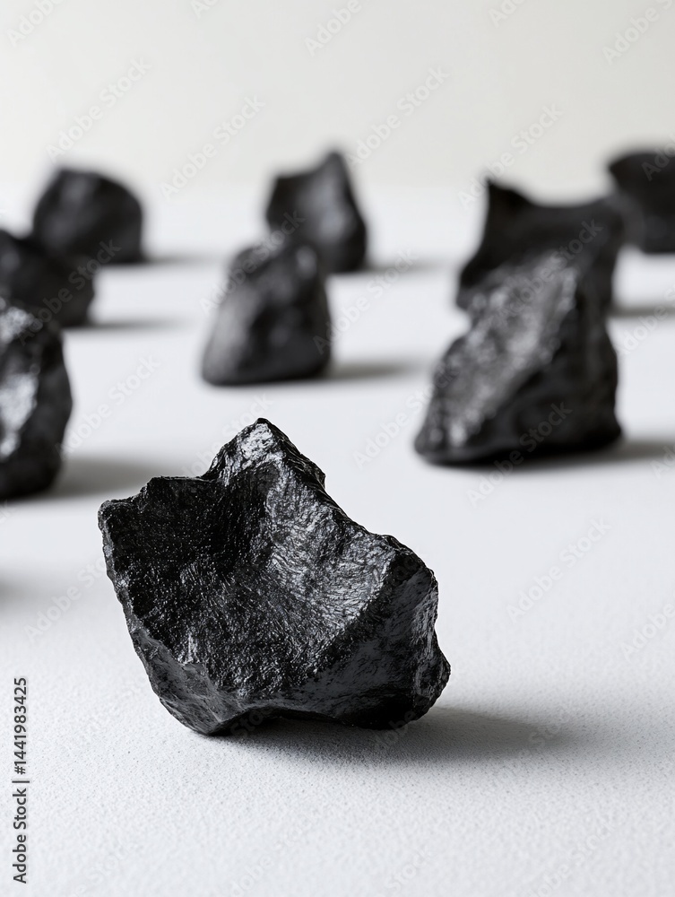 Poster close-up of several dark gray rough-textured stones on a white surface.