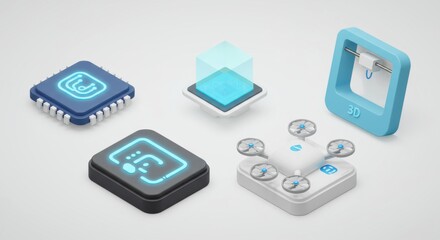 Isometric Tech: Microchip, Digital Cube, 3D Printer & Drone Icons on White.