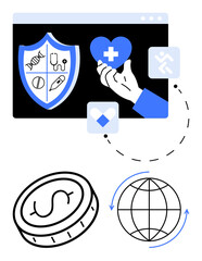 Shield with health icons, hand holding heart, coin, and globe symbolizing medical care, financial support, global trade. Ideal for healthcare, insurance, economy global connectivity charity