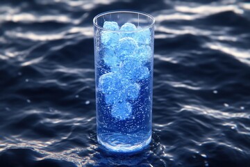 Blue drink in glass over water