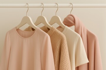 A close-up shot of a minimalist wardrobe showcasing soft pastel-colored clothing arranged neatly on hangers.