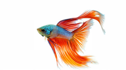 Fototapeta premium Brightly colored betta fish with vivid blue and red fins, isolated on white background, highlighting elegance and motion.