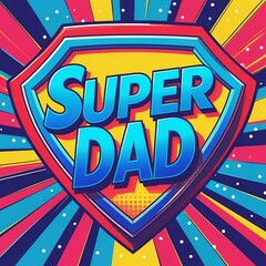 Super Dad text in superhero shield with colorful comic style on vibrant background. 