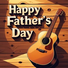 Happy Father’s Day greeting with acoustic guitar on wooden background wall. 