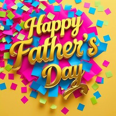 Happy Father's Day text with gold lettering and colorful confetti on yellow background. 