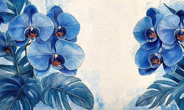 Vibrant blue orchids and tropical leaves on a textured backdrop