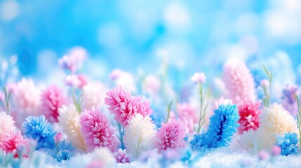 Naklejka premium Delicate, colorful flowers in pastel shades, emerging from snow, soft bokeh background