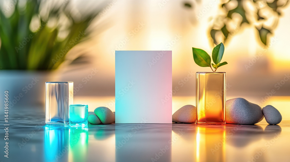 Leinwandbilder simple white vertical greeting card is placed on marble surface surrounded by colorful glass vases a