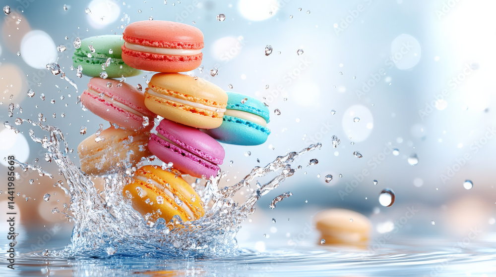 Poster stack of colorful macarons splashes into water, creating dynamic and vibrant scene with droplets fro