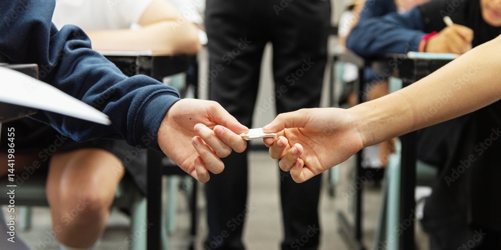 Poster two students exchanging a note in a classroom setting. focus on hands passing a note during an exam.
