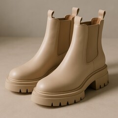 A close-up shot of beige leather Chelsea boots with chunky soles, elegantly placed on a soft, neutral-colored surface.
