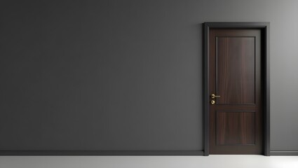 A minimalist room featuring a dark brown door against a gray wall with a white floor space