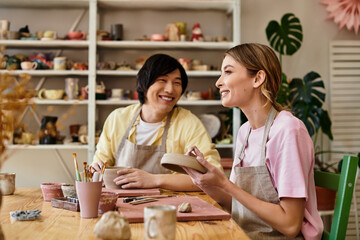 A young couple shares laughter and joy while working on pottery, connecting through art and love
