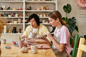 Creating art together in a pottery studio brings young couple closer in their creative journey