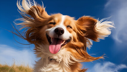 Fototapeta premium This lively image shows a wind-blown dog basking in the open air, its joyful expression and fluttering fur highlighting the pure essence of fun and freedom under the sky