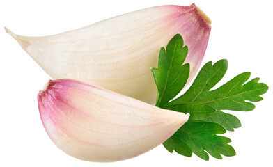 Garlic cloves png. Peeled garlic clove on transparent background. Perfect retouched garlic with parsley no background. Transparent png. Full depth of field.
