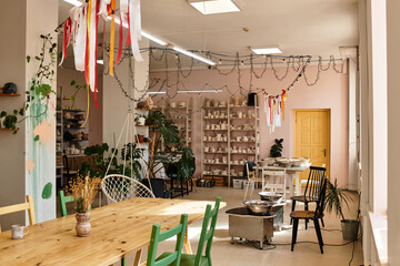 Creative pottery studio filled with artistic energy and vibrant colors in the heart of the city