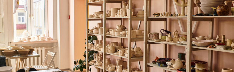 Discover the vibrant creativity of a pottery studio filled with unique handcrafted art
